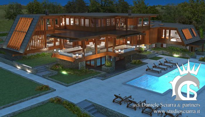 Progettazione grandi ville in legno con piscina